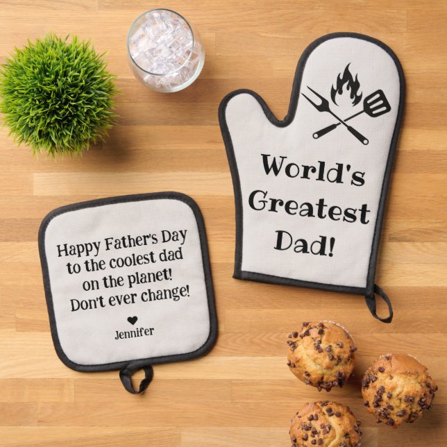 weltbester Papa, stilvolles, modernes Grau Ofenhandschuh & Topflappen-Set (Oben Unten)