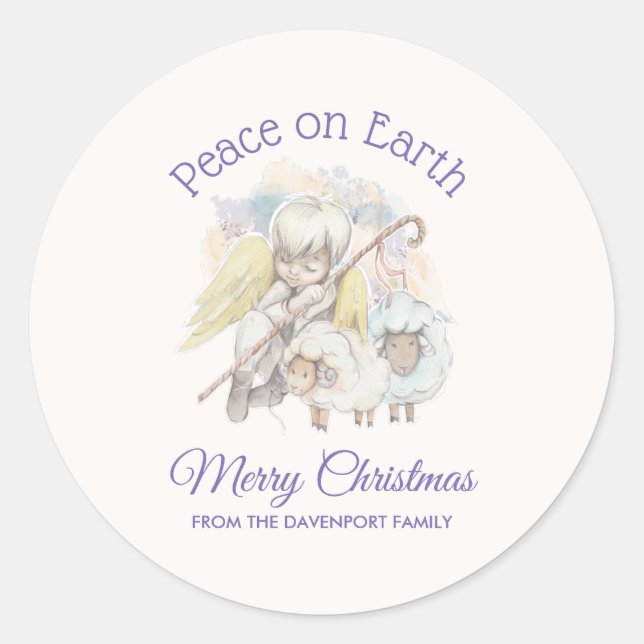 Weltfrieden Angel Shepherd mit Lämmern Weihnachten Runder Aufkleber (Vorderseite)