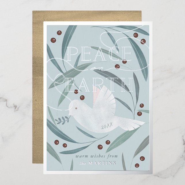 Weltfrieden Dove Blue Silver Foil Holiday Card Folieneinladung (Vorderseite/Rückseite)