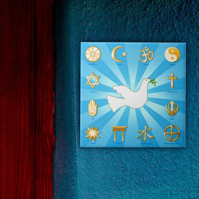Weltfrieden Fliese (Decorative ceramic tile featuring Twelve World Religions. )