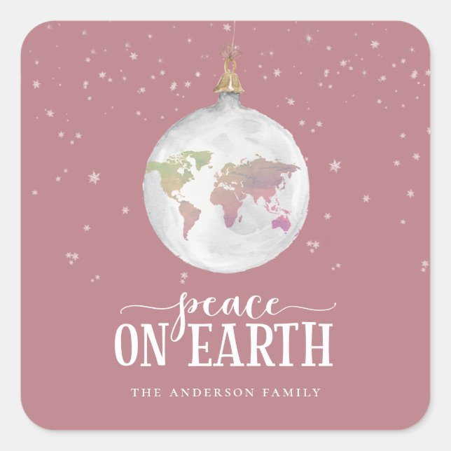 Weltfrieden Globe Ornament Dusty Rose Holiday Quadratischer Aufkleber (Vorderseite)