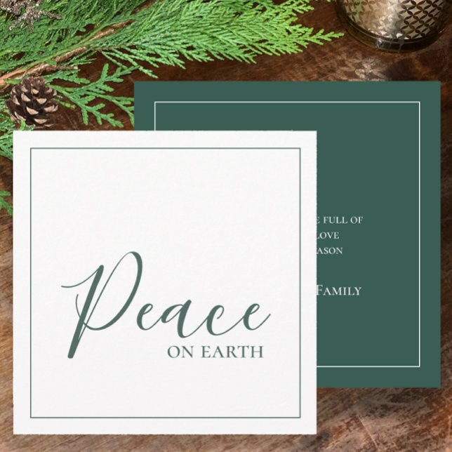 Weltfrieden | Modern Simple Green Personalisiert Feiertagskarte (Personalize with name Peace on earth modern minimalistic green pine holiday Christmas greeting card)