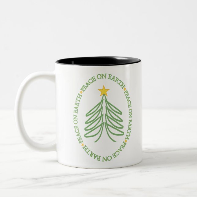 Weltfrieden Moderner Ferienbaum und Zitat Zweifarbige Tasse (Links)
