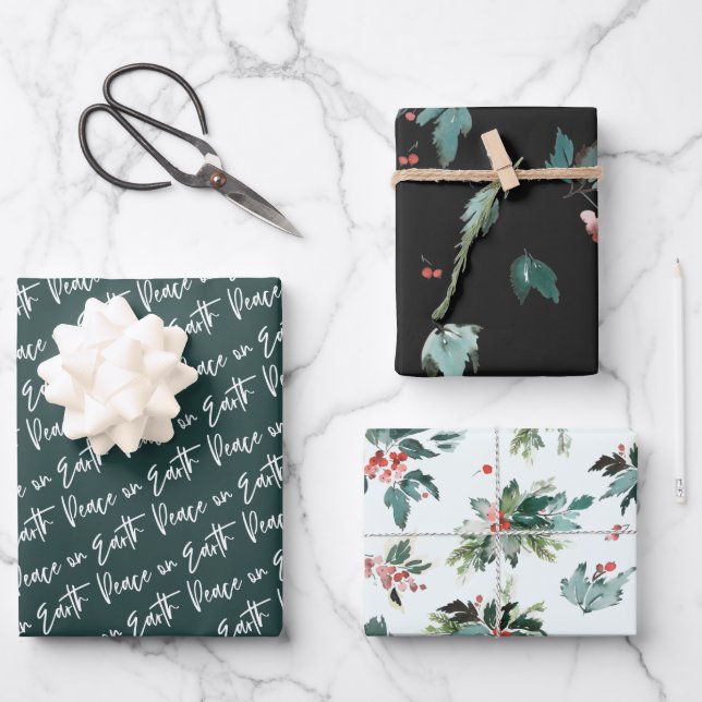 Weltfrieden Winter Botanische Berry-Muster Geschenkpapier Set (Vorderseite)
