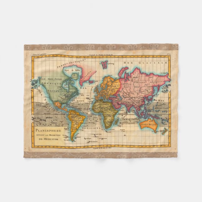 Weltkarte 1700er antike Kontinente Fleecedecke (Vorderseite (Horizontal))