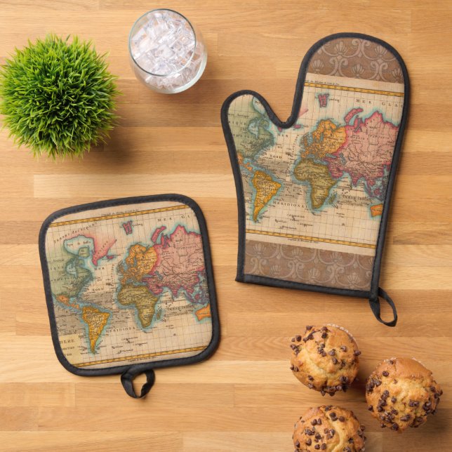 Weltkarte 1700er antike Kontinente Ofenhandschuh & Topflappen-Set (Oben Unten)