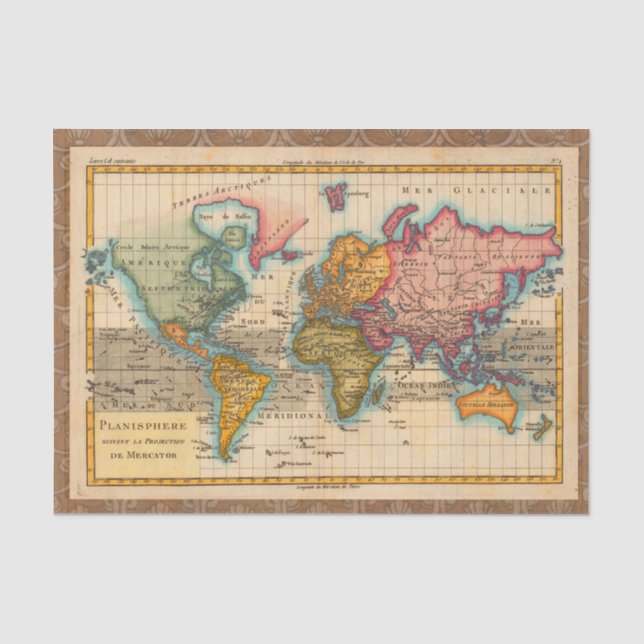 Weltkarte 1700er antike Kontinente Seidenpapier (Vorderseite)