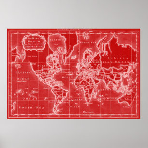 Weltkarte-(1766) Rot u. Weiß Poster