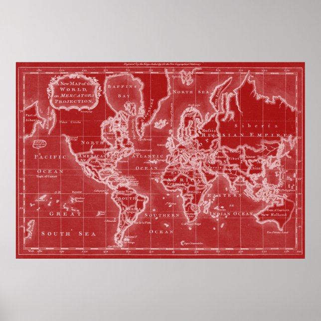 Weltkarte (1766) Rot und Weiß Poster (Vorne)