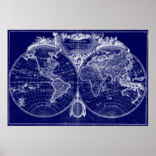 Weltkarte-(1775) Blau u. Weiß Poster