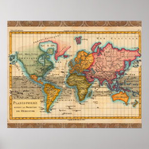 Weltkarte 1780 Bonne Antique Planisphäre Poster