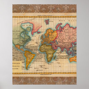 Weltkarte 1780 Bonne Antique Planisphäre Poster