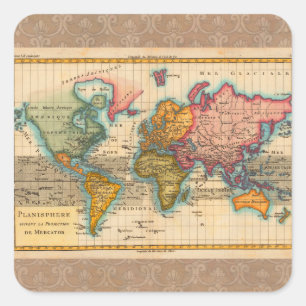 Weltkarte 1780 Bonne Antique Planisphäre Quadratischer Aufkleber