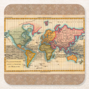 Weltkarte 1780 Bonne Antique Planisphäre Rechteckiger Pappuntersetzer