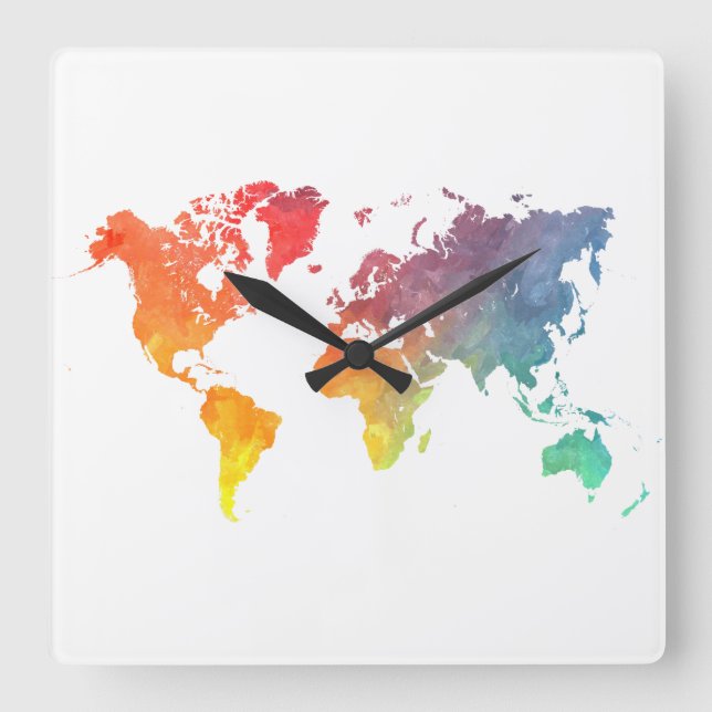 Weltkarte 5 quadratische wanduhr (Vorderseite)
