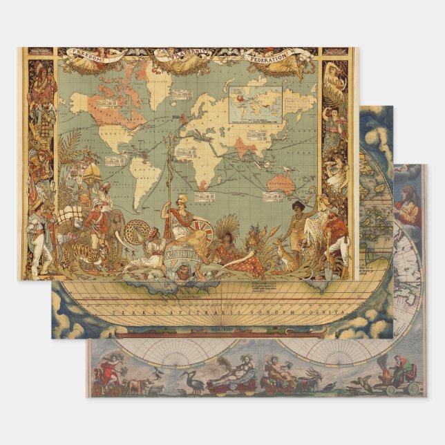 Weltkarte Antique 1886 Illustriert Geschenkpapier Set (Set)