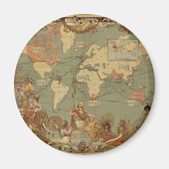 Weltkarte Antique 1886 Illustriert Magnet (Vorne)