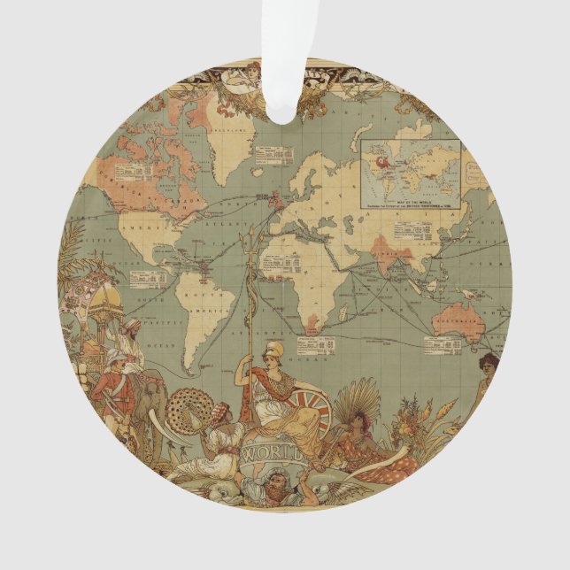 Weltkarte Antique 1886 Illustriert Ornament (Vorderseite)