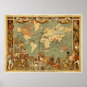 Weltkarte Antique 1886 Illustriert Poster