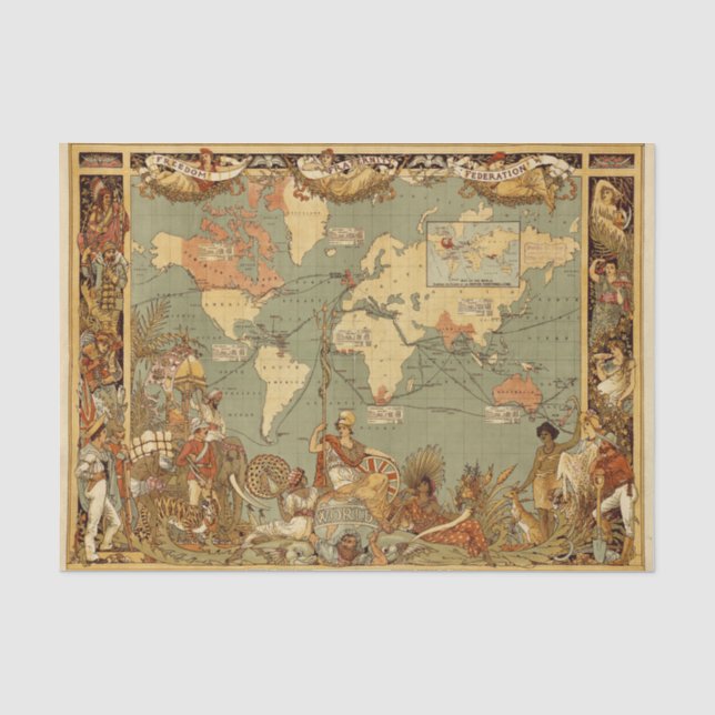Weltkarte Antique 1886 Illustriert Seidenpapier (Vorderseite)