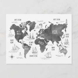 Weltkarte Art Schwarz-weiß Nautic Postkarte
