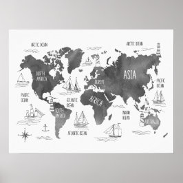 Weltkarte Art Schwarz-weißes Kinderzimmer für Kind Poster