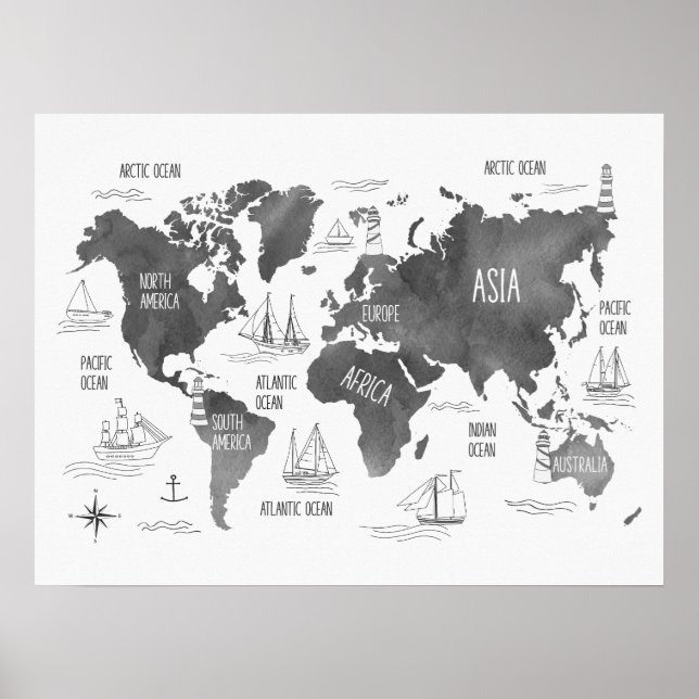Weltkarte Art Schwarz-weißes Kinderzimmer für Kind Poster (Vorne)