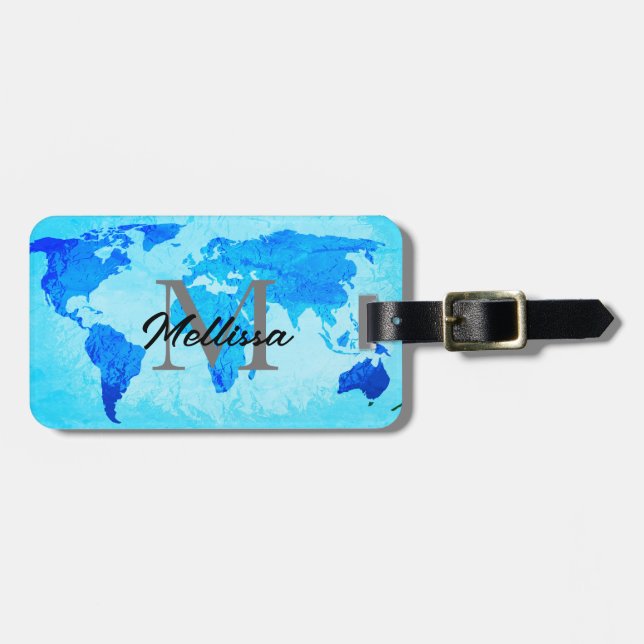 Weltkarte Blaue künstlerische Monogramme Name Gesc Gepäckanhänger (Vorderseite horizontal)