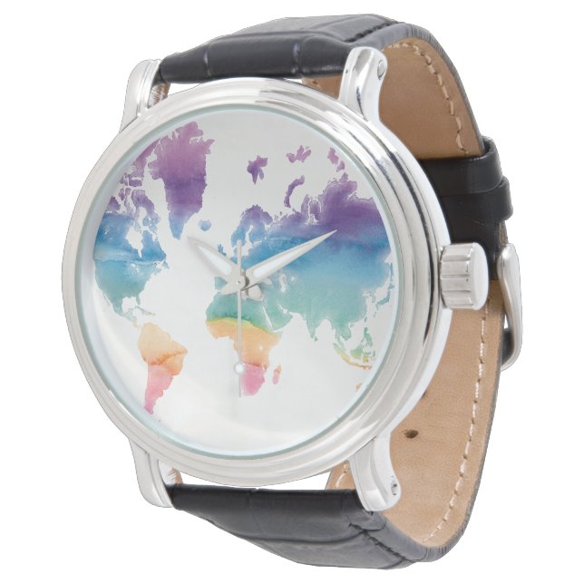Weltkarte der Wasserfarben Armbanduhr (Schrägansicht)