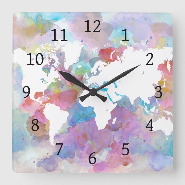 Weltkarte des Entwurfs-48 Quadratische Wanduhr (Vorderseite)
