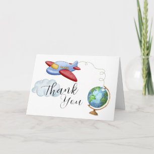Weltkarte Flugzeug Jungen Baby Shower Dankeskarte