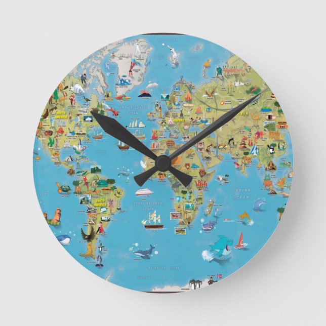 Weltkarte für den Cartoon Runde Wanduhr (Vorderseite)