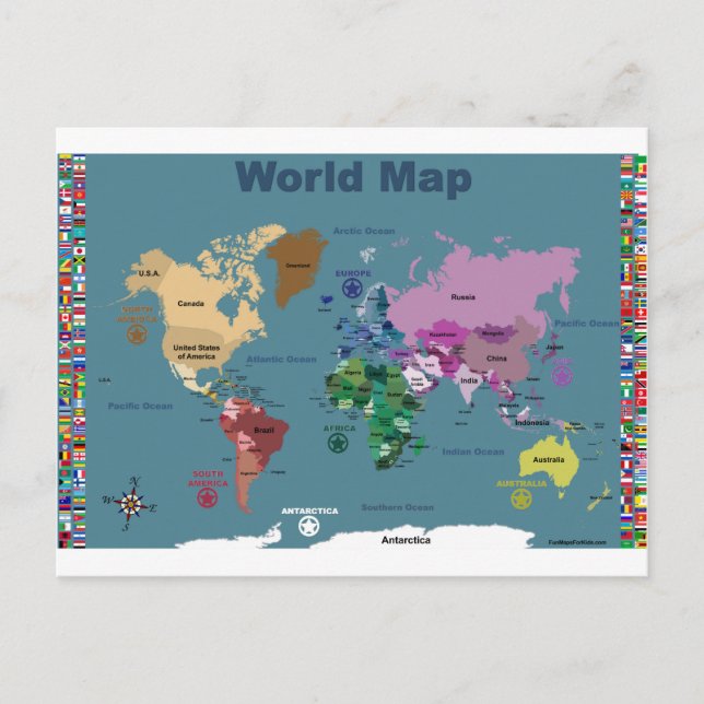Weltkarte für Kinder mit Flaggen Postkarte (Vorderseite)