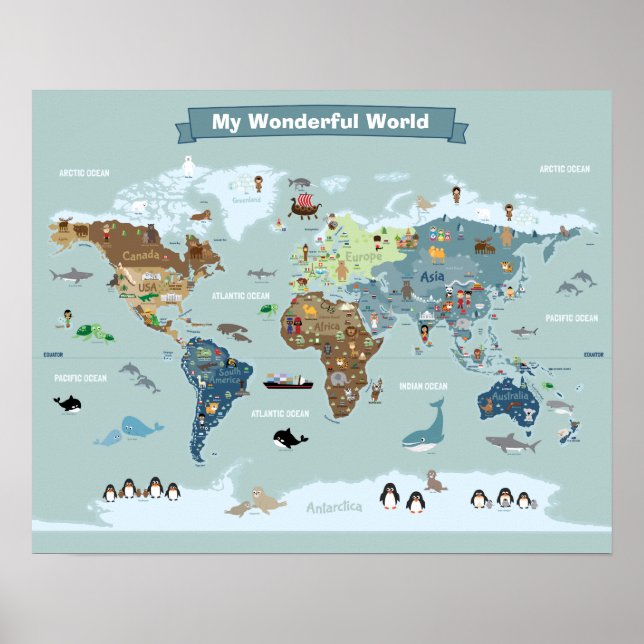 Weltkarte für Kinder mit Tieren und Sehenswürdigke Poster (Vorne)