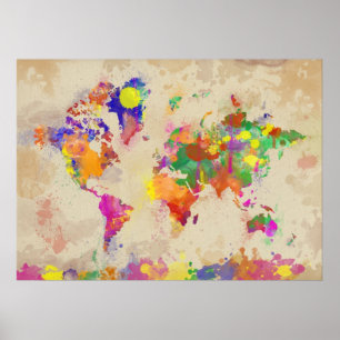 Weltkarte für Wasserfarben auf der alten Leinwand Poster