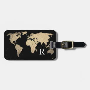 Weltkarte Golden Sepia Black Monogram, Anfangsname Gepäckanhänger