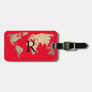 Weltkarte Golden Sepia Red Black Monogram Initials Gepäckanhänger