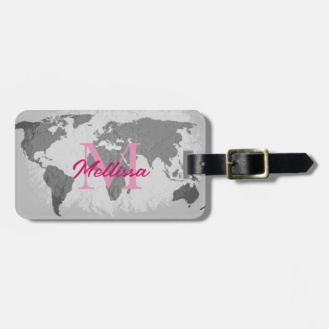 Weltkarte Graue rosa Monogramme Name Geschenk des  Gepäckanhänger (Vorderseite horizontal)