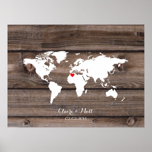 Weltkarte Hochzeitsbuchsignatur Holz Poster (Vorne)