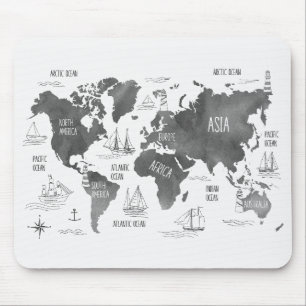Weltkarte Kunst Schwarz Weiß Nautisch Mousepad