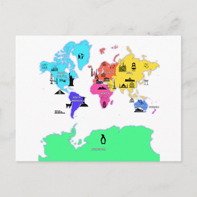 Weltkarte mit den Namen der Kontinente Postkarte (Vorderseite)