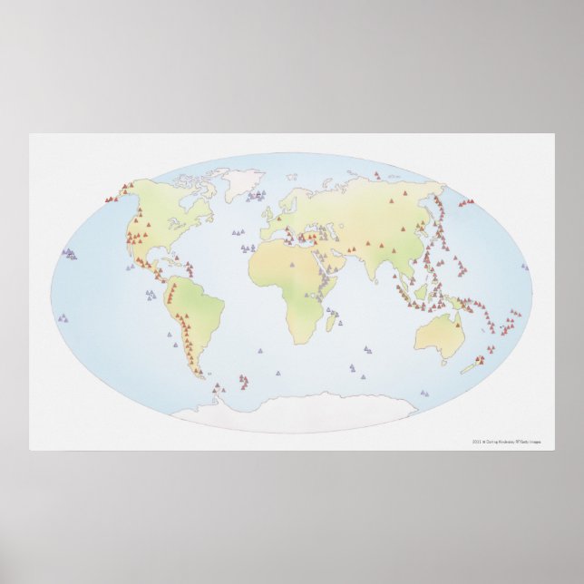 Weltkarte mit den Orten vulkanischer Aktivität Poster (Vorne)