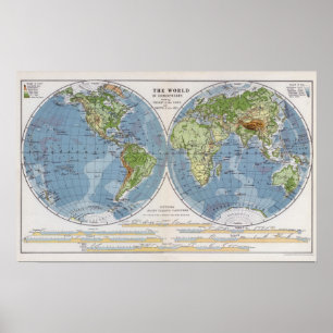 Weltkarte mit Höhenangabe der Meerestiefe des Land Poster