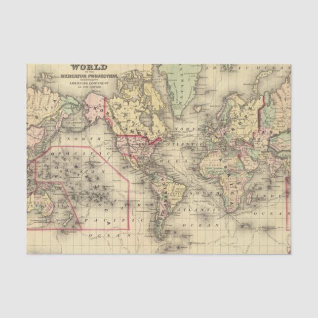 Weltkarte mit Wegen der Forscher See Seidenpapier (Vorderseite)