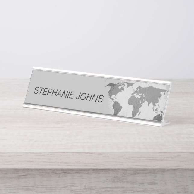 Weltkarte Monogramme Grau Individuelle Name Gesche Schreibtischnamensplakette (Vorderseite )