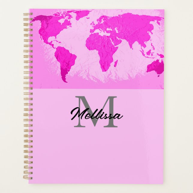 Weltkarte Monogramme Reisende Rosa Lila Planer (Vorderseite)