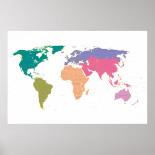 Weltkarte nach Kontinenten eingefärbt Poster