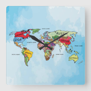 Weltkarte Quadratische Wanduhr
