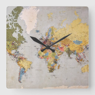Weltkarte Quadratische Wanduhr