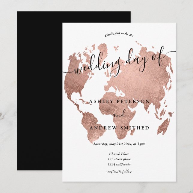 Weltkarte Rose Gold-Folie Chic Drehbuch Hochzeit Einladung (Vorne/Hinten)